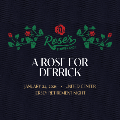 Promotional flyer for 'A Rose for Derrick' event at United Center with Rose's Flower Shop branding.