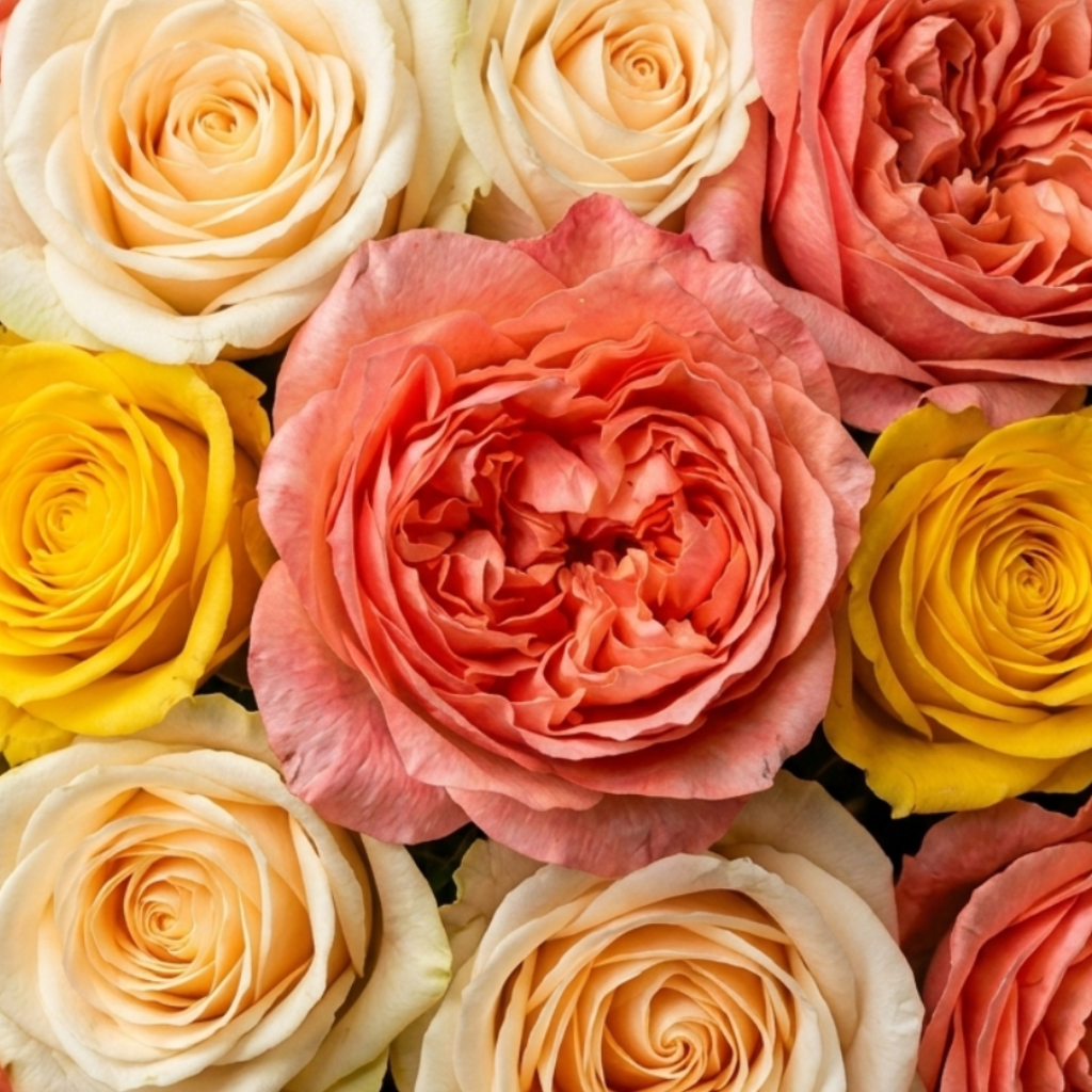 Close-up of colorful roses in pink, yellow, and white.