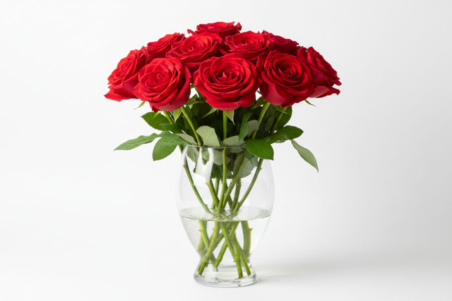 dozen red roses in glass vase